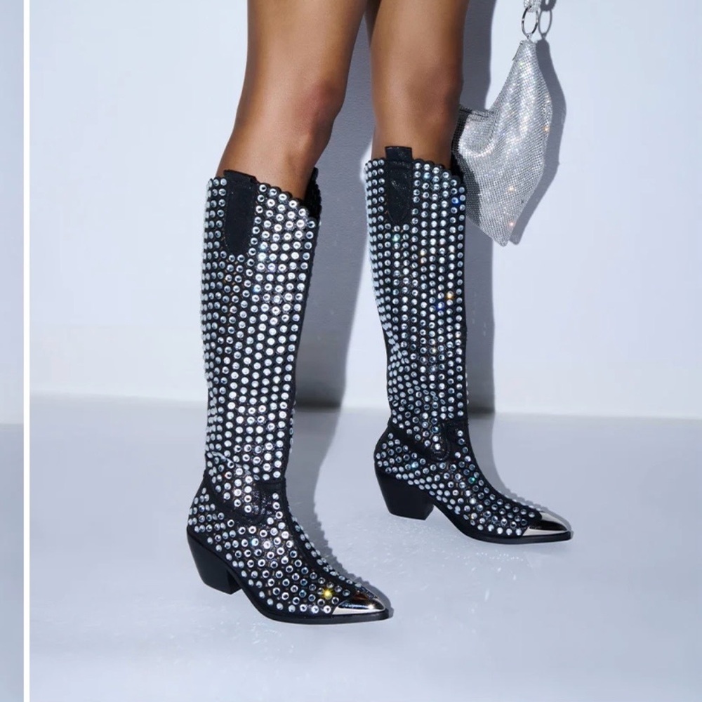 Glamorous Studded Black Heeled Boots